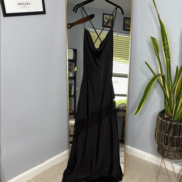 Chandra Lace Detail Satin Maxi Dress - Black NWOT -  threedaughtersproperties.com